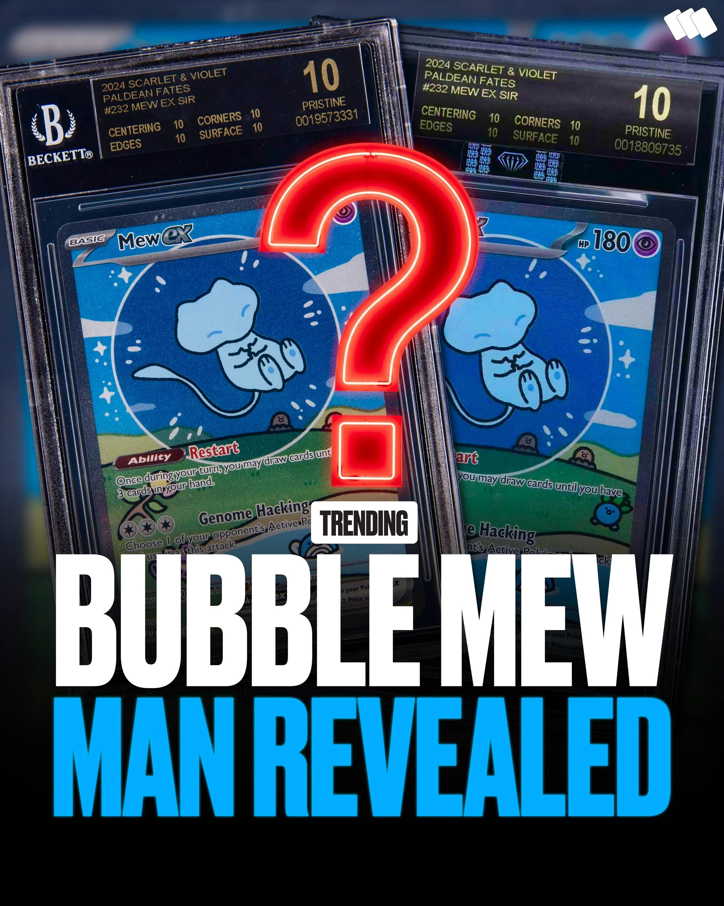 The Bubble Mew Buyer Revealed👀

Shoutout to @impokeprofit for the great video chatting with @kang_cards ➡️ the buyer behind both Black Label Bubble Mew sales.

Definitely an interesting discussion around one of the hobby&rsquo;s most talked-about tr