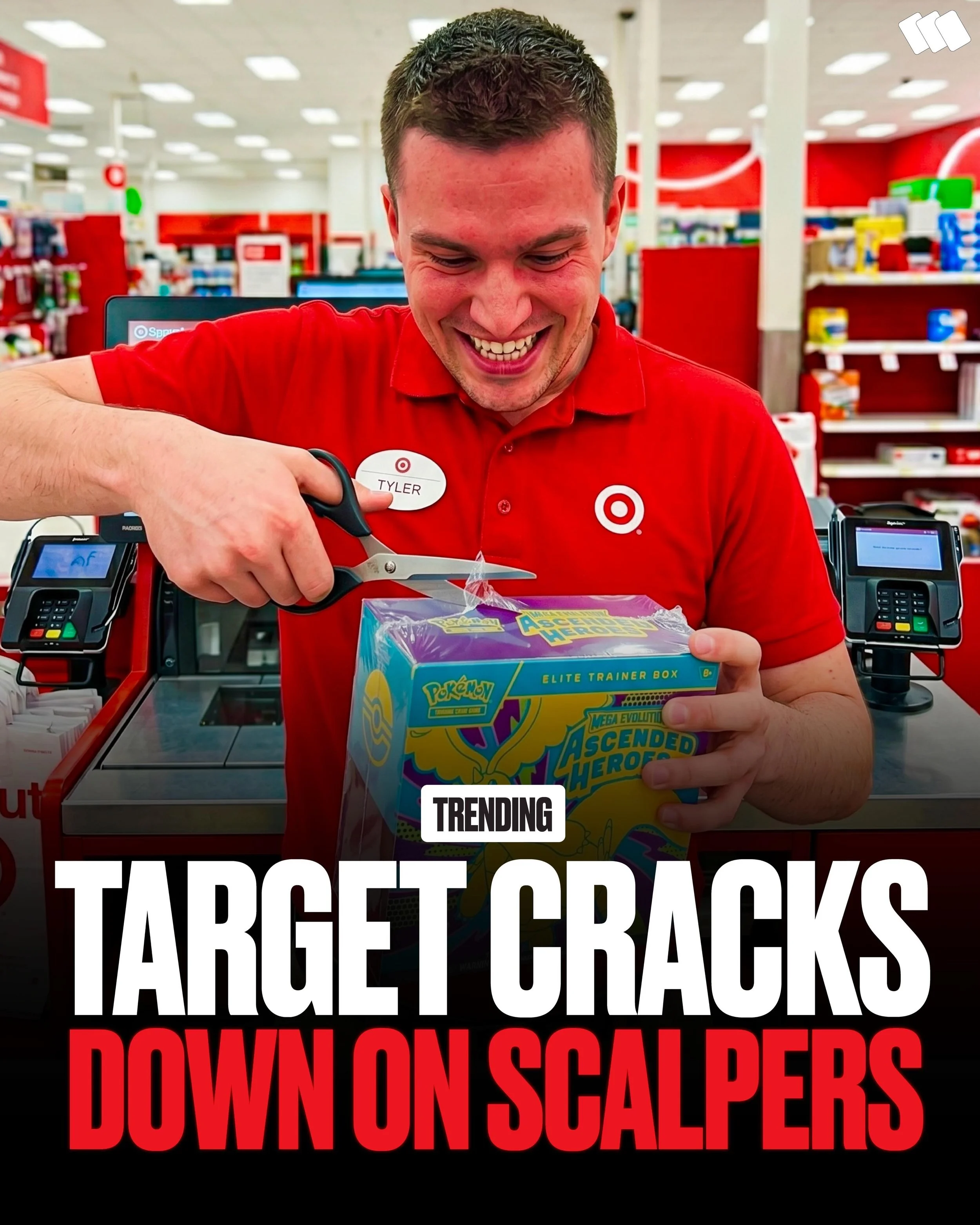 SCALPERS BEWARE🎯👀

Target is reportedly cracking down on Pok&eacute;mon scalpers by cutting the shrink wrap of product in select stores.

While this practice has long been common in Japan, it now appears that major U.S. retailers may be adopting si