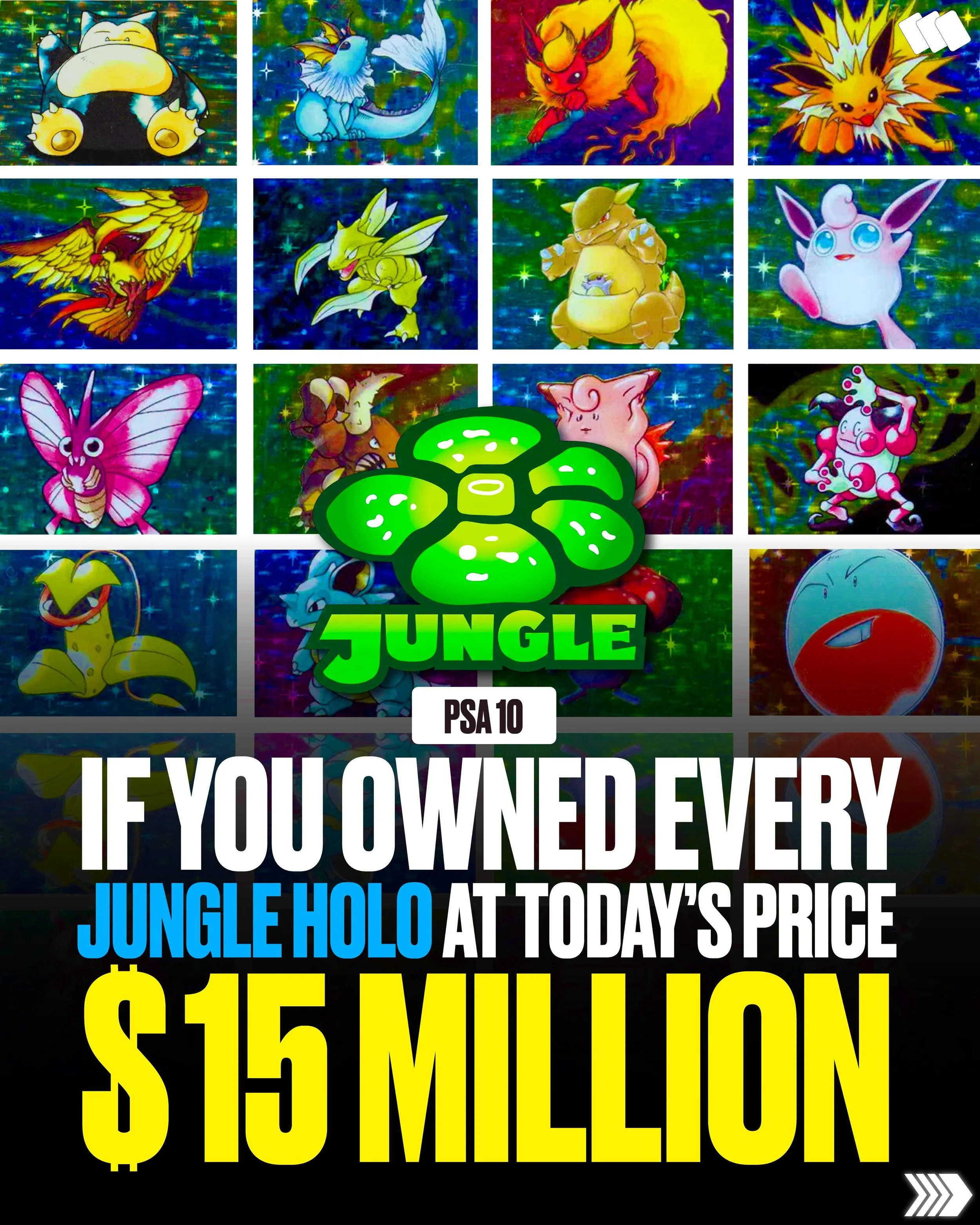 $15 million💰

That&rsquo;s roughly what it would cost to own every 1st Edition PSA 10 Jungle holo in existence based on most recent sales and population counts.

Released in 1999, the Jungle set introduced some of the hobby&rsquo;s most iconic cards