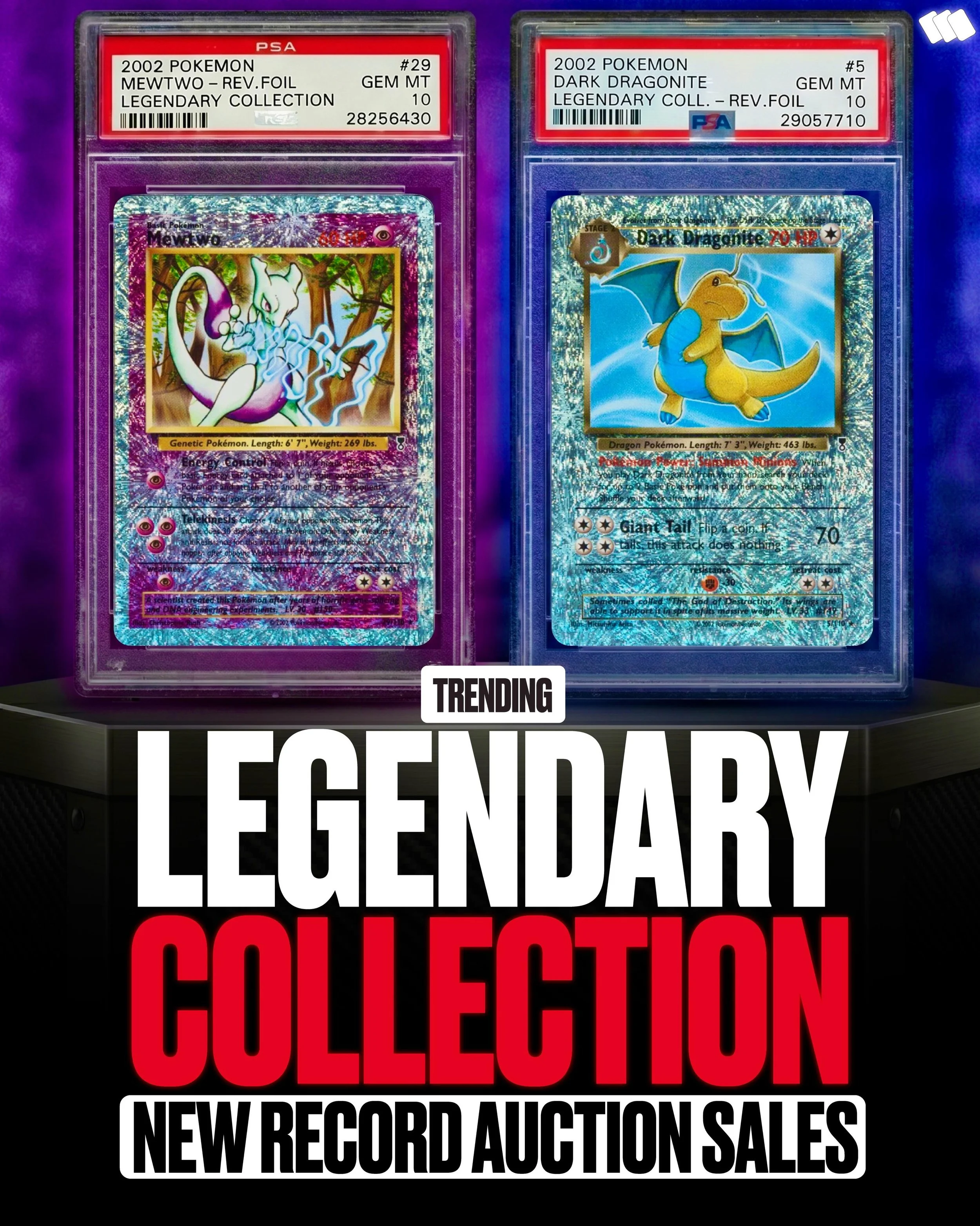 Legendary Collection is heating up fast🔥

Two PSA 10 reverse foils just closed at new auction records on @collect (confirmed paid).

Mewtwo: $72,000
Dark Dragonite: $60,000

The moves are pretty wild when compared to their last sales &mdash; Mewtwo 