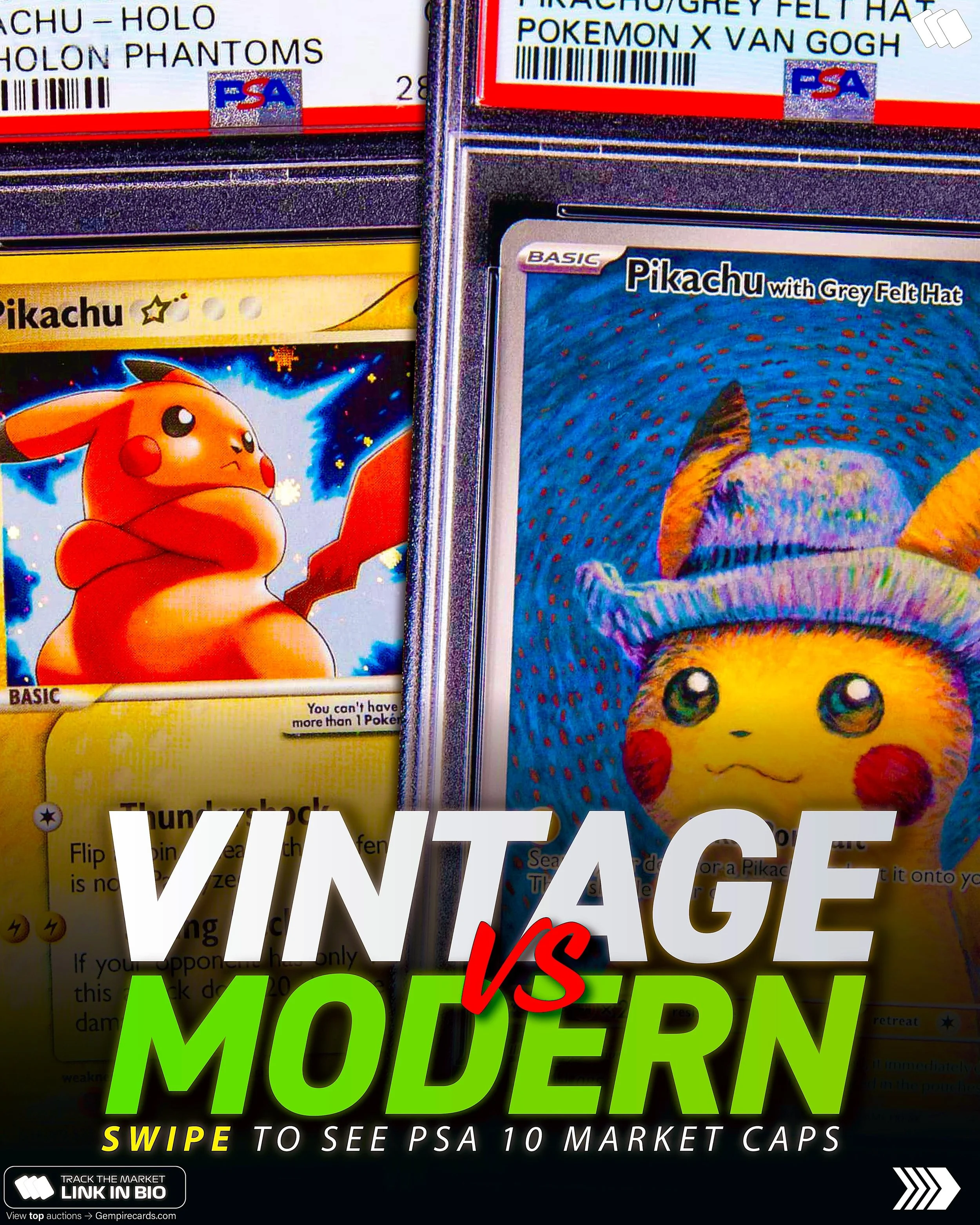 ‼️VINTAGE VS. MODERN: THE MARKET CAP GAP

A $135,000 Pikachu Gold Star sounds untouchable next to a $2,800 Van Gogh Pikachu.

But multiply each by its PSA 10 population and the picture completely flips.

Pikachu Gold Star: $16M
Van Gogh Pikachu: $140