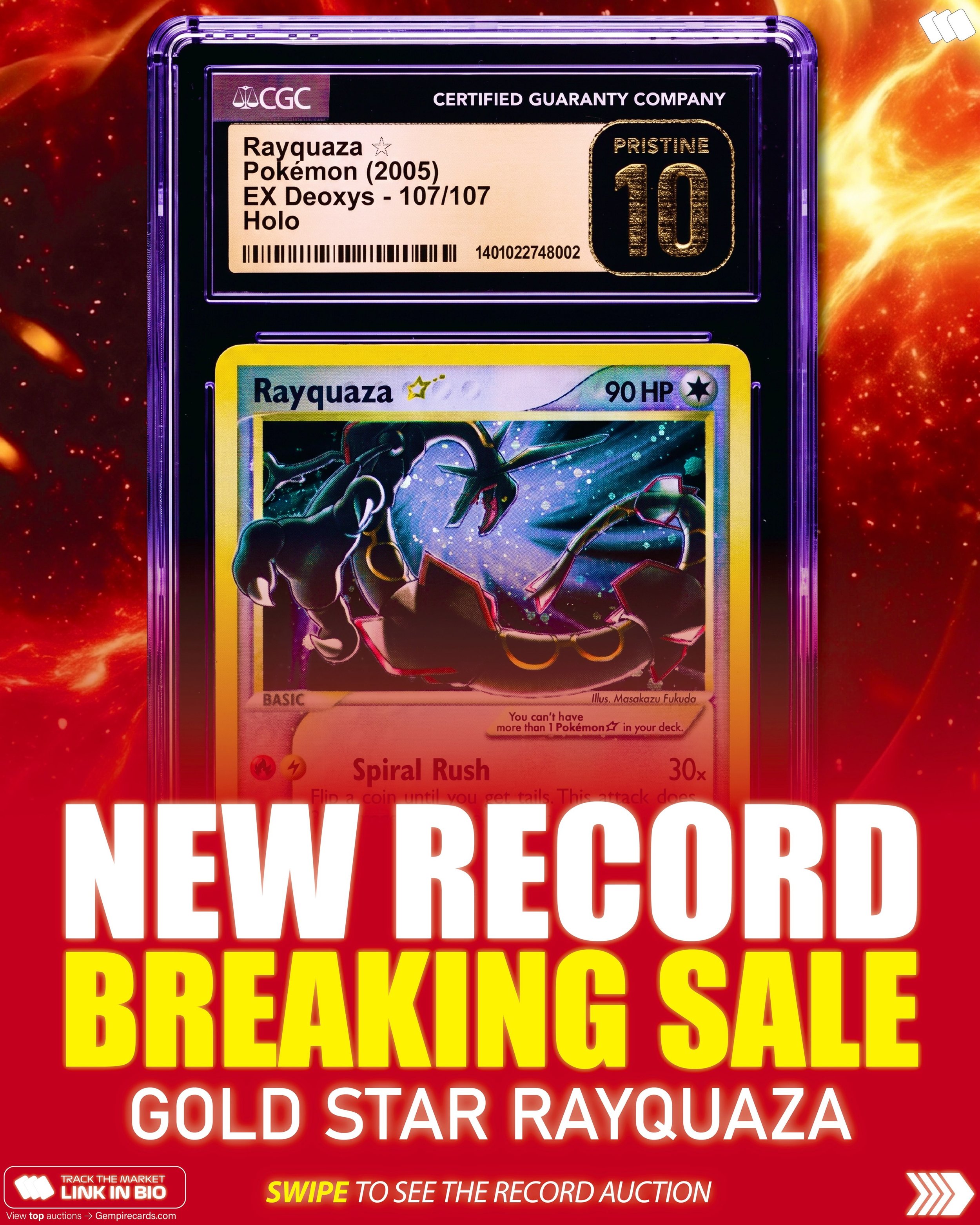 🚨 RAYQUAZA JUST SHATTERED RECORDS.

A CGC Pristine 10 Gold Star Rayquaza just ended for $1,020,000 on @collect &mdash; becoming the most expensive Pok&eacute;mon english card auction in history.

For perspective, a PSA 10 sold for $682,500 just last