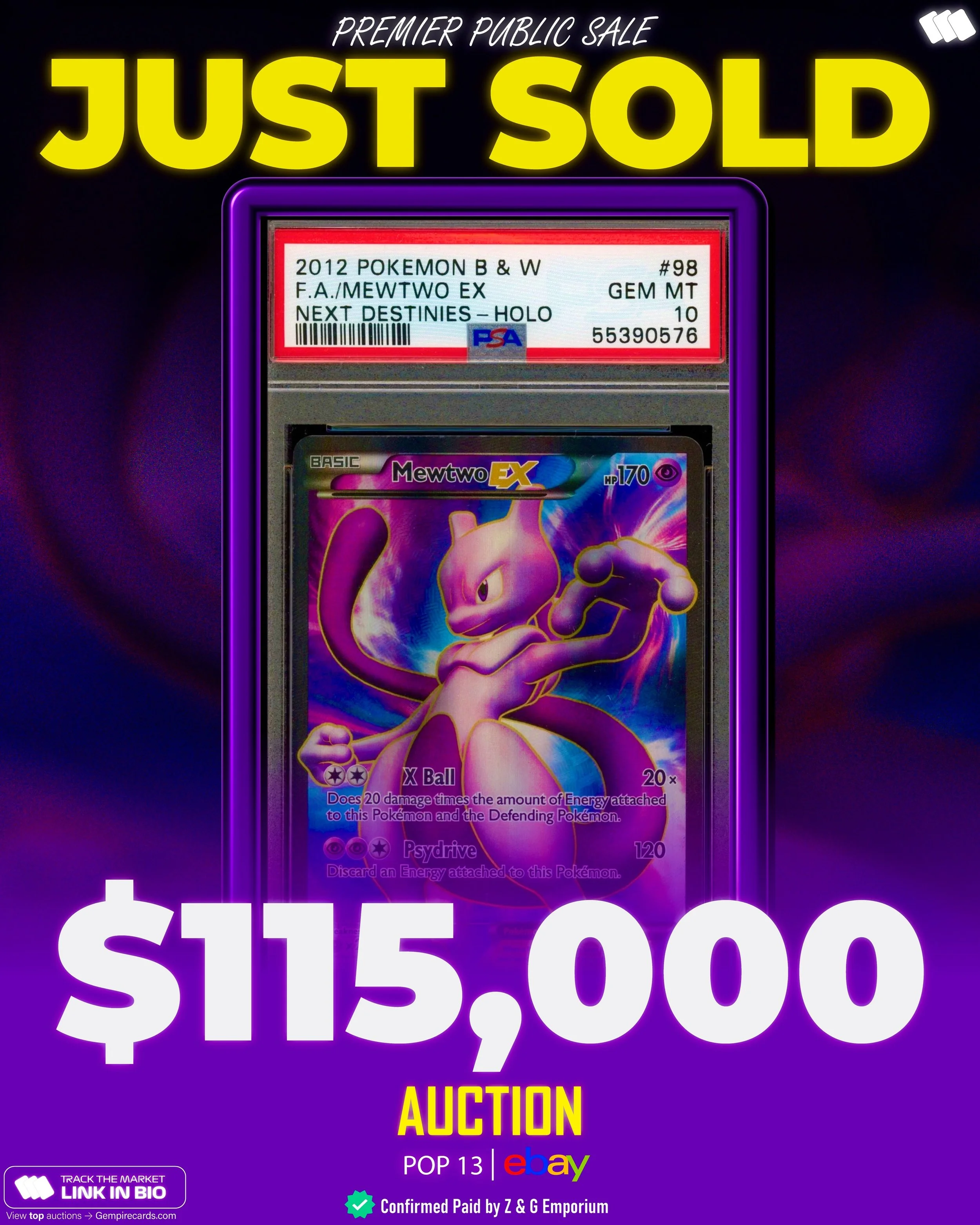 🚨 A PSA 10 Full Art Mewtwo from EX Next Destinies sold for a record $115,000 on @ebay 

This card sold for $7,174 in May 2025 for perspective. Prior to that, $2,537 in Feb 2024. Pop hasn&rsquo;t changed since then.

#pokemon #pokemontcg #pokemoncard