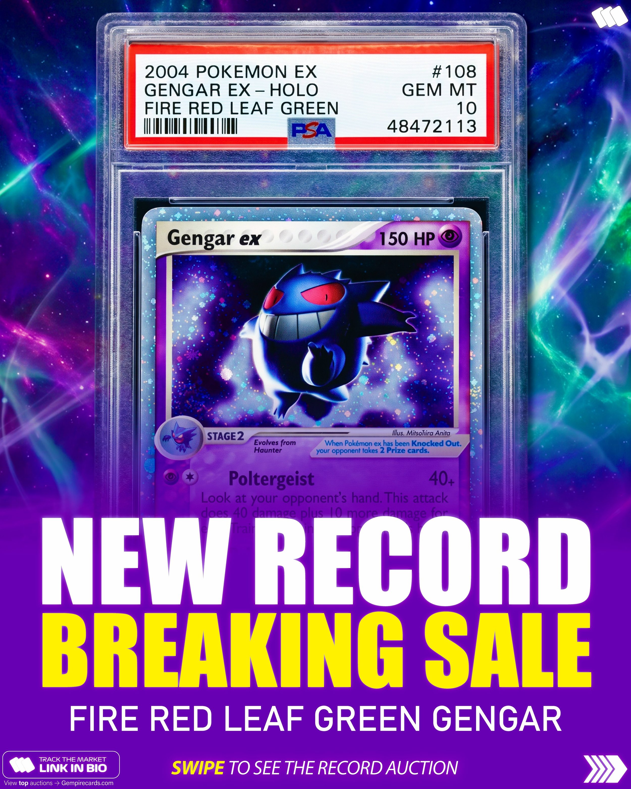 Another monster sale for the EX era. 👻

Gengar ex from Fire Red &amp; Leaf Green just sold for $88,992 in PSA 10, setting a new public record for the card on @ebay 

The EX era continues to put up serious numbers, and Gengar remains one of the Pok&e