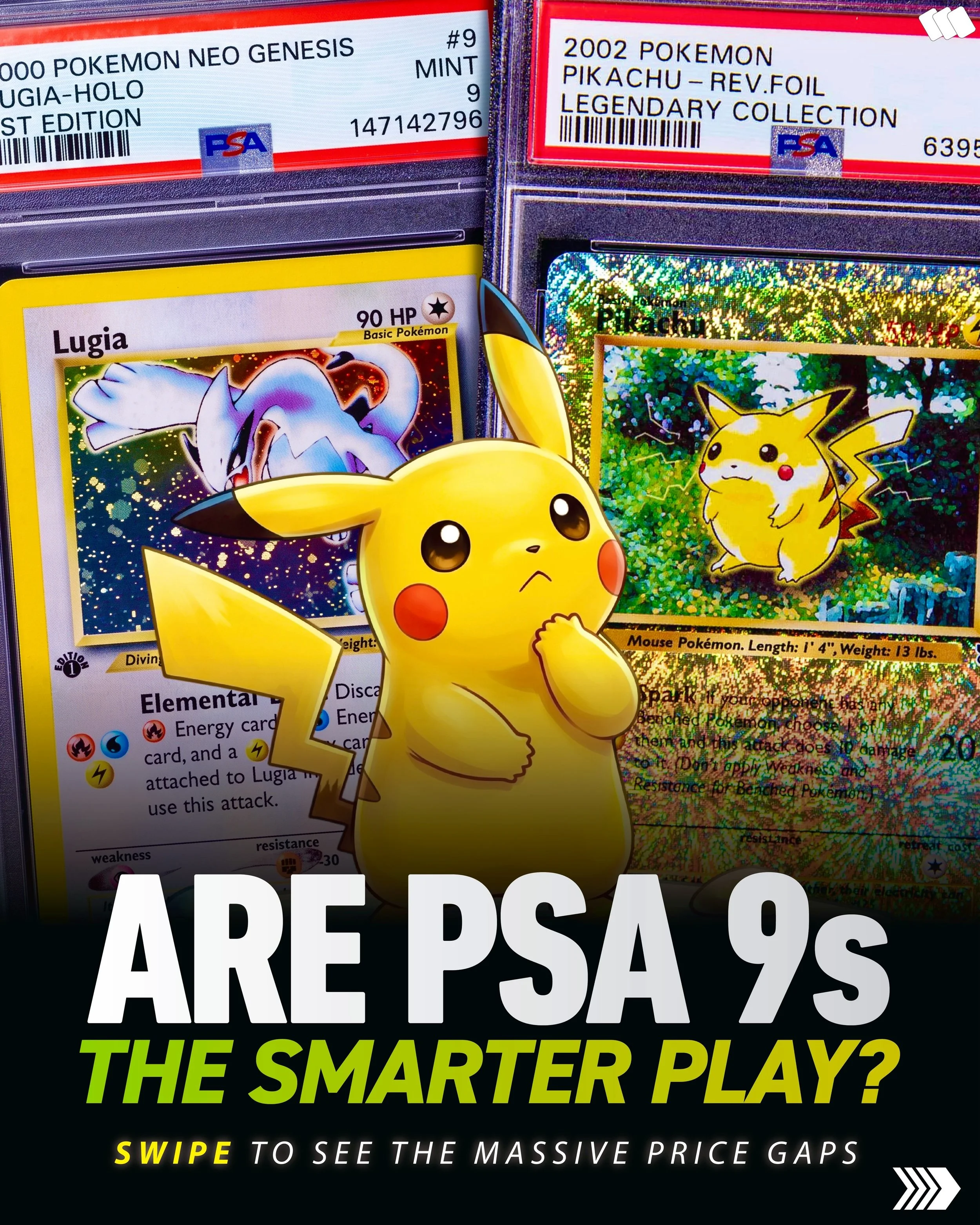 ⚡️ ARE PSA 9s THE SMARTER BUY?

The price gap between a PSA 9 and PSA 10 on some of Pokemon&rsquo;s biggest cards is getting harder to ignore.

These are the same cards, one grade apart:

Pikachu: +1,457%
Espeon ex: +1,564%
Umbreon: +1,567%
Gengar: +