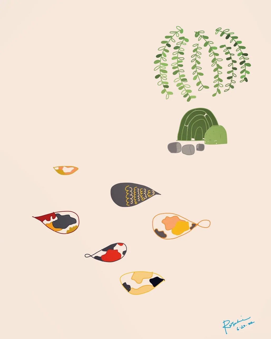 Illustration of six mice with colorful patches, a green tent, a green dome-shaped structure, and hanging greenery against a light background.