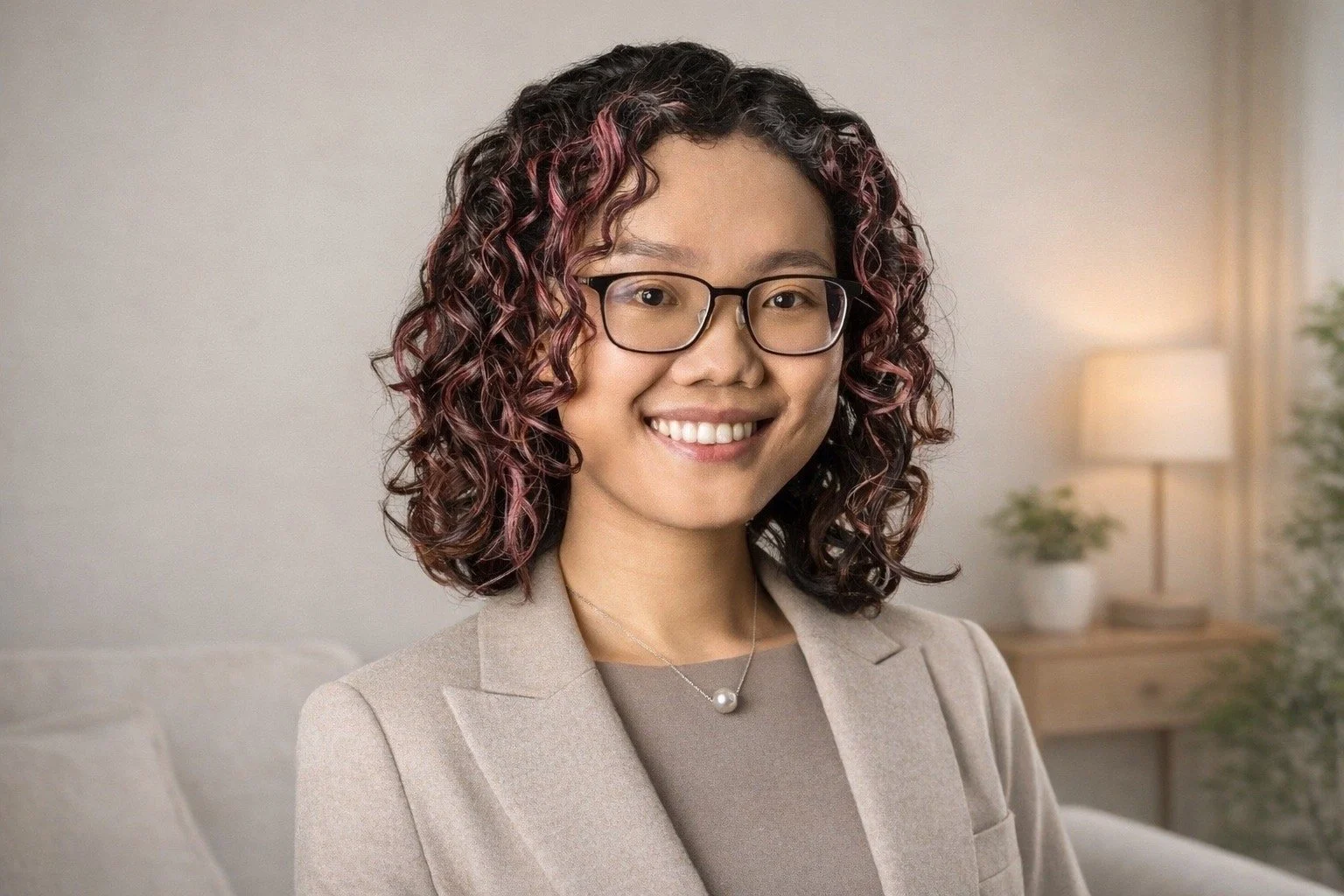 A woman with shoulder-length curly hair, glasses, and a beige blazer, smiling in a well-lit living room with a lamp and potted plants in the background.