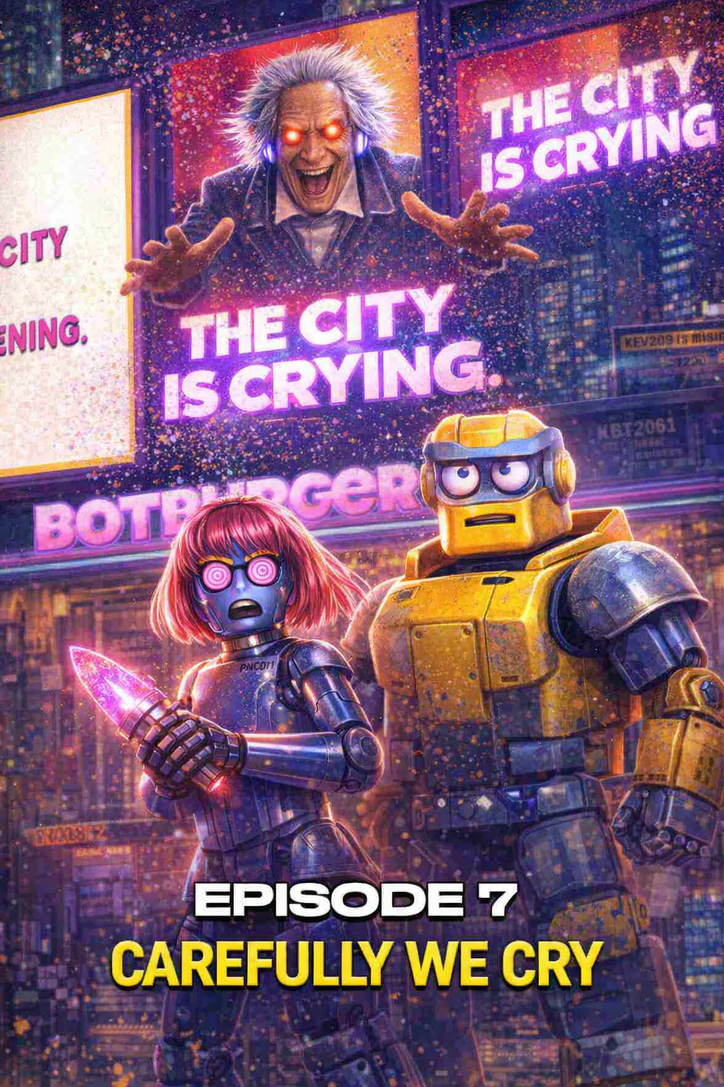 Futuristic cityscape with neon signs and holograms, featuring a creepy old woman with glowing eyes and wild hair, a female robot with pink hair and spiral eyes holding a glowing dagger, and a yellow robot with a serious expression. The text on the image reads "The city is crying" and "Episode 7 Carefully We Cry."