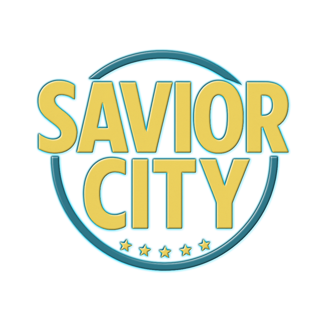 Logo for Savor City with yellow text, blue outline, and five stars at the bottom.