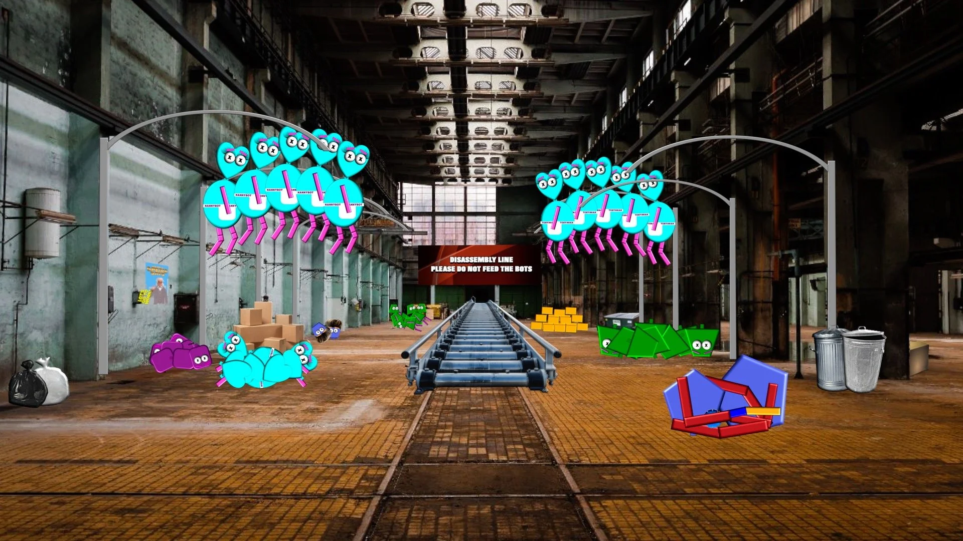 Illustration of a robot factory with cartoon robots and boxes, disassembly line, and a sign that says 'Disassembly Line Please Do Not Feed The Bots'.