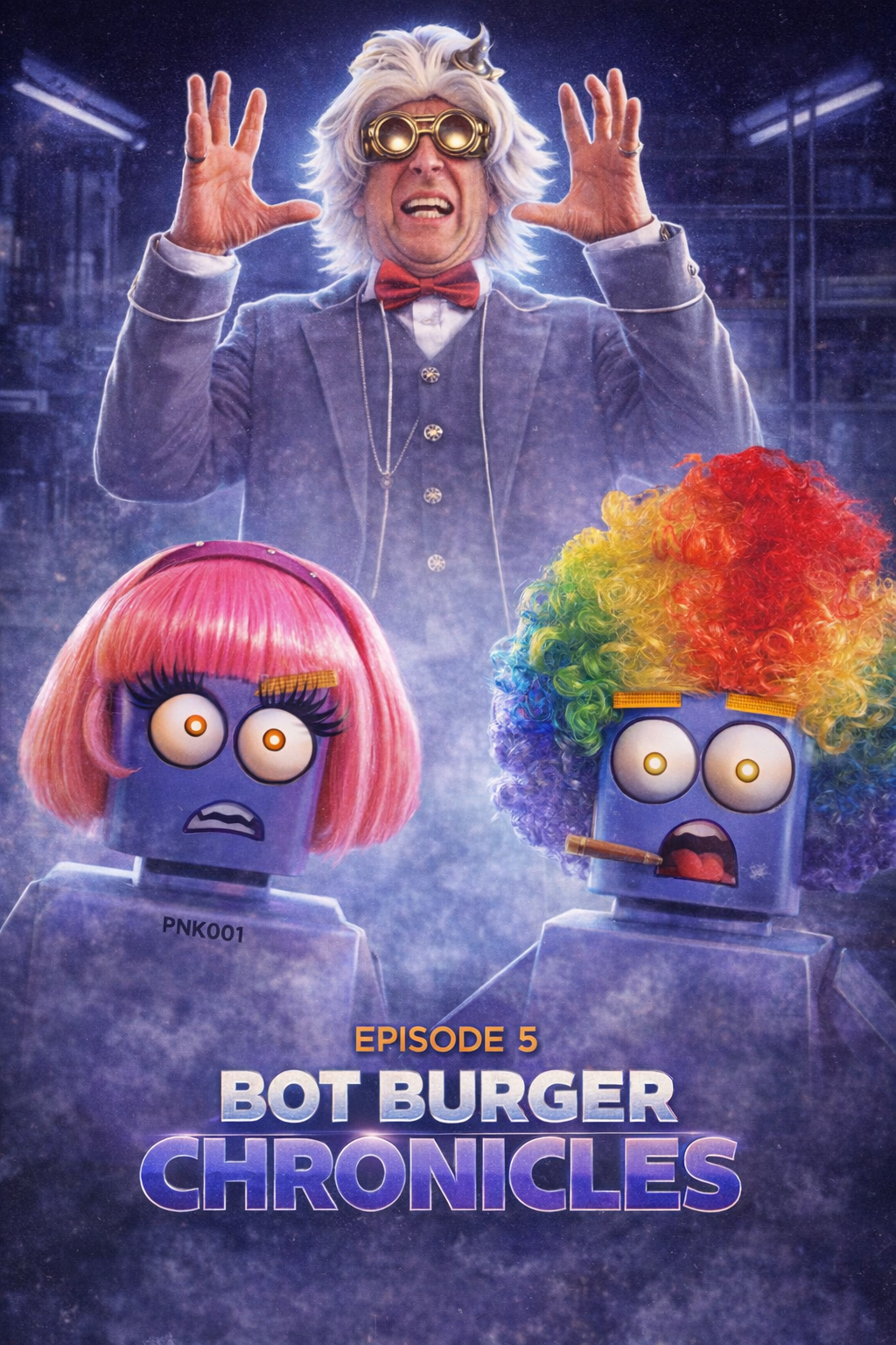 Poster for Episode 5 of Bot Burger Chronicles featuring a scientist with wild white hair, goggles, and a bow tie, with two animated robot characters with colorful wigs, expressive faces, and accessories.