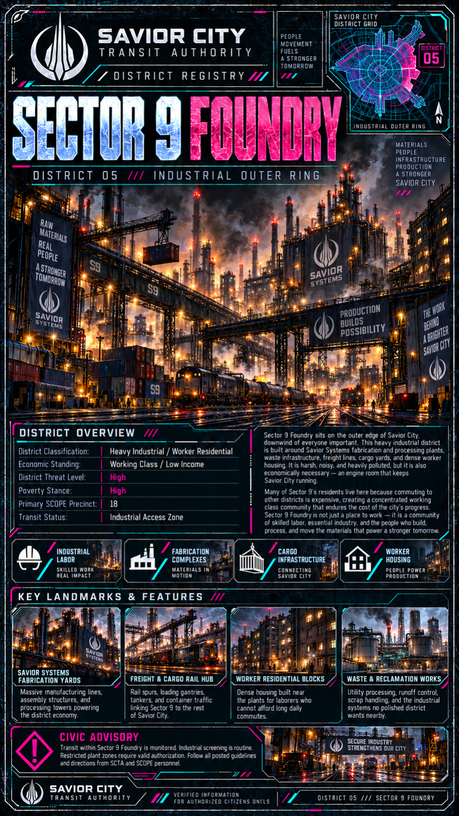 A futuristic industrial district map of Savior City, District 05, Sector 9 Foundry, shows a heavy industrial zone with factories, cargo infrastructure, worker housing, and pollution. The image depicts a bustling, smoky factory scene at sunset with railroad tracks, heavy machinery, and lit-up buildings, highlighting the area's industrial significance and infrastructure.