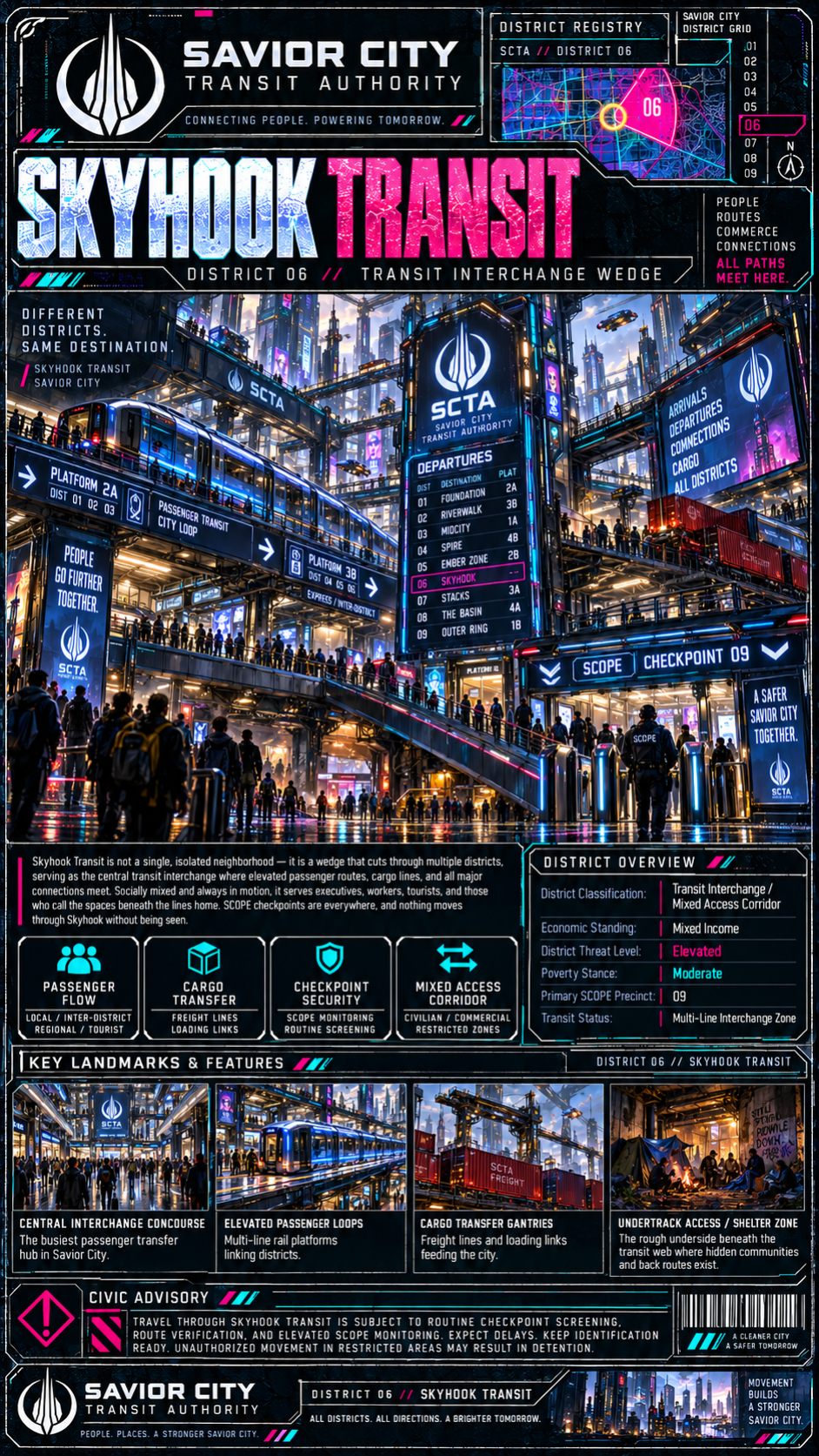 A futuristic cityscape of Skyhock Transit in Savior City, featuring multi-level platforms, digital signs, and a sleek transit hub with people moving through the station. High-rise buildings and flying vehicles dominate the skyline at night.