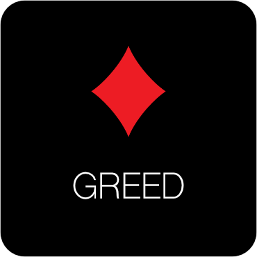 A black background with a red diamond shape and the word 'GREED' written below it.