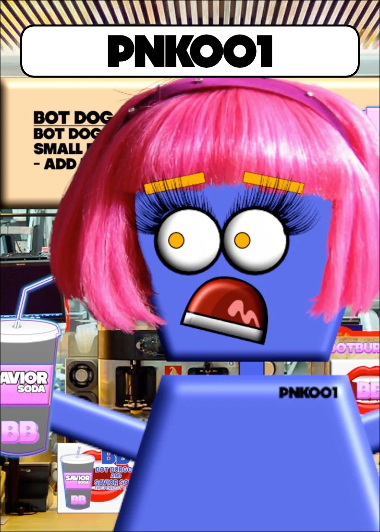 A cartoon-like character with a blue face, pink wig, large wide-open eyes with long eyelashes, and a surprised expression, standing in a colorful setting with various signs and a soda cup.
