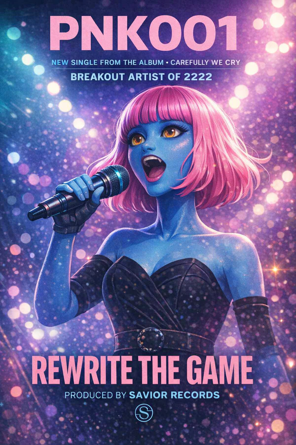 A digital illustration of a female robot singer with pink hair, blue body, dressed in a black outfit and holding a microphone, singing on a stage with colorful bokeh lights.