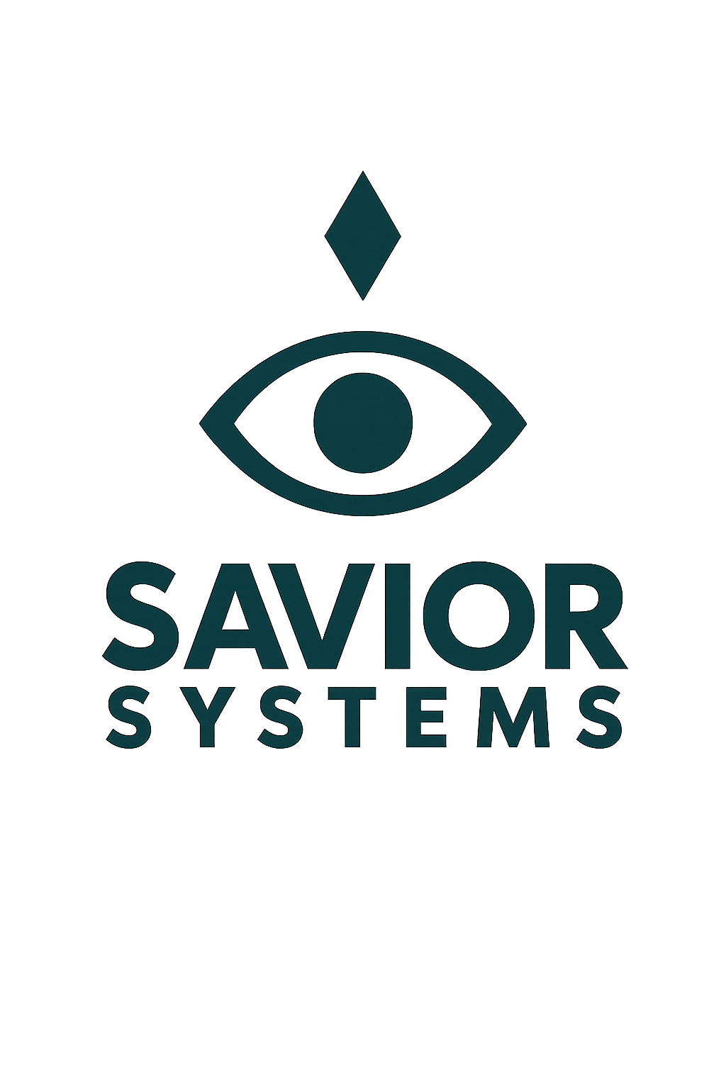 A logo for Savior Systems featuring an eye with a circle within it, a diamond shape above, and the company name below.