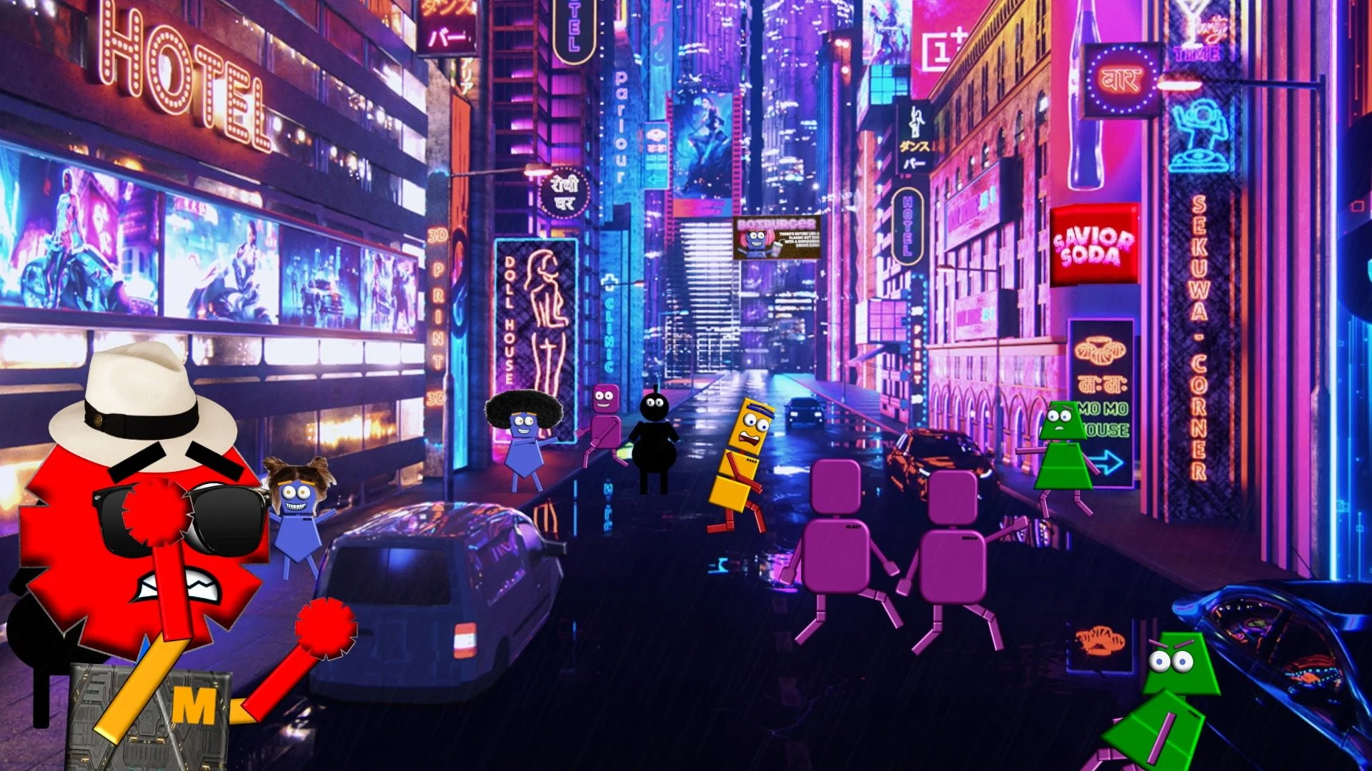 A vibrant, neon-lit city street scene at night with seven animated cartoon characters resembling letters and shapes. Features include bright signs, billboards, cars, and characters with expressive faces and limbs, set against tall buildings with colorful neon lights.