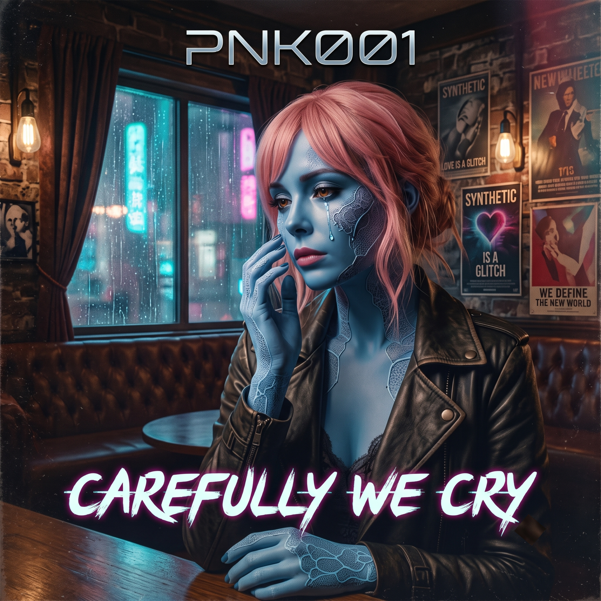 An animated female character with pink hair and a blue-toned face, wearing a black leather jacket, sits at a bar with neon signs and posters on the wall behind her. The posters include messages about synthetic love and a new world. There is a window with rain outside, and the text 'CAREFULLY WE CRY' is partially visible at the bottom.