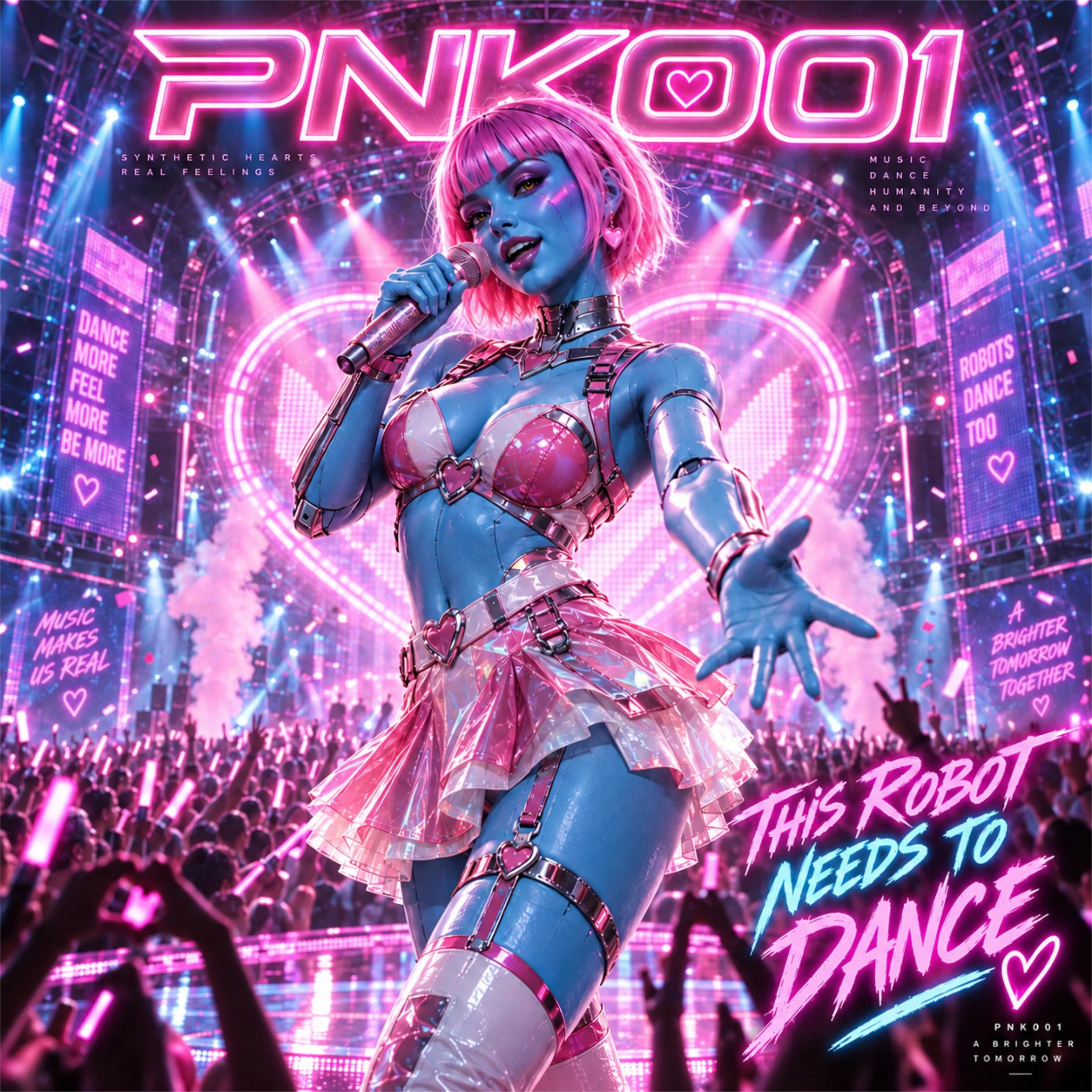 A cyberpunk-inspired scene with a female performer with pink hair and blue skin, wearing a shiny pink and silver outfit, singing into a microphone on a stage illuminated by pink and purple neon lights. The background shows a large crowd with glowing pink light sticks and digital screens displaying words like 'Dance,' 'More,' 'Feel,' and 'Be More.' Large neon signs read 'PNK00,' 'A Brighter Tomorrow,' and other phrases.