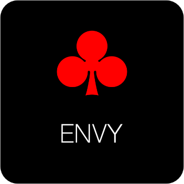 A black background with a red club symbol and the word 'ENVY' written below in white text.