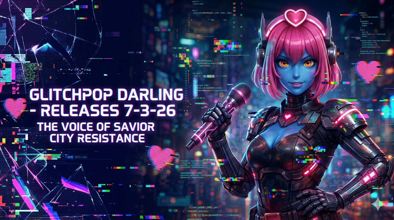 A futuristic, anime-style female character with neon pink hair and blue skin, in a cyberpunk cityscape. She wears robotic armor with glowing pink accents, holds a microphone, and has heart-themed accessories, including a glowing heart on her chest and a heart-shaped headband, amidst digital glitches and colorful city lights.