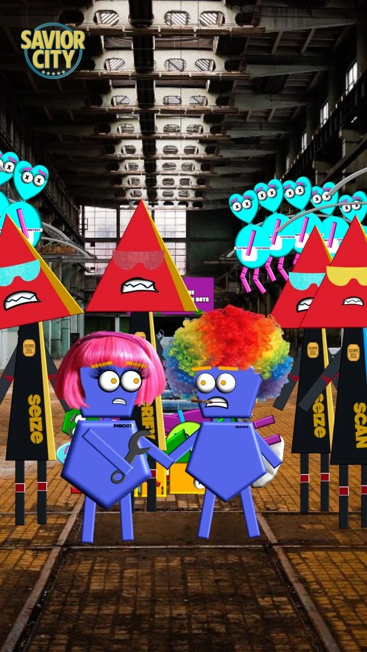 Animated characters with colorful hair and cartoonish expressions surrounded by abstract and playful shapes, set in an industrial-style indoor space with large windows and exposed ceiling beams.