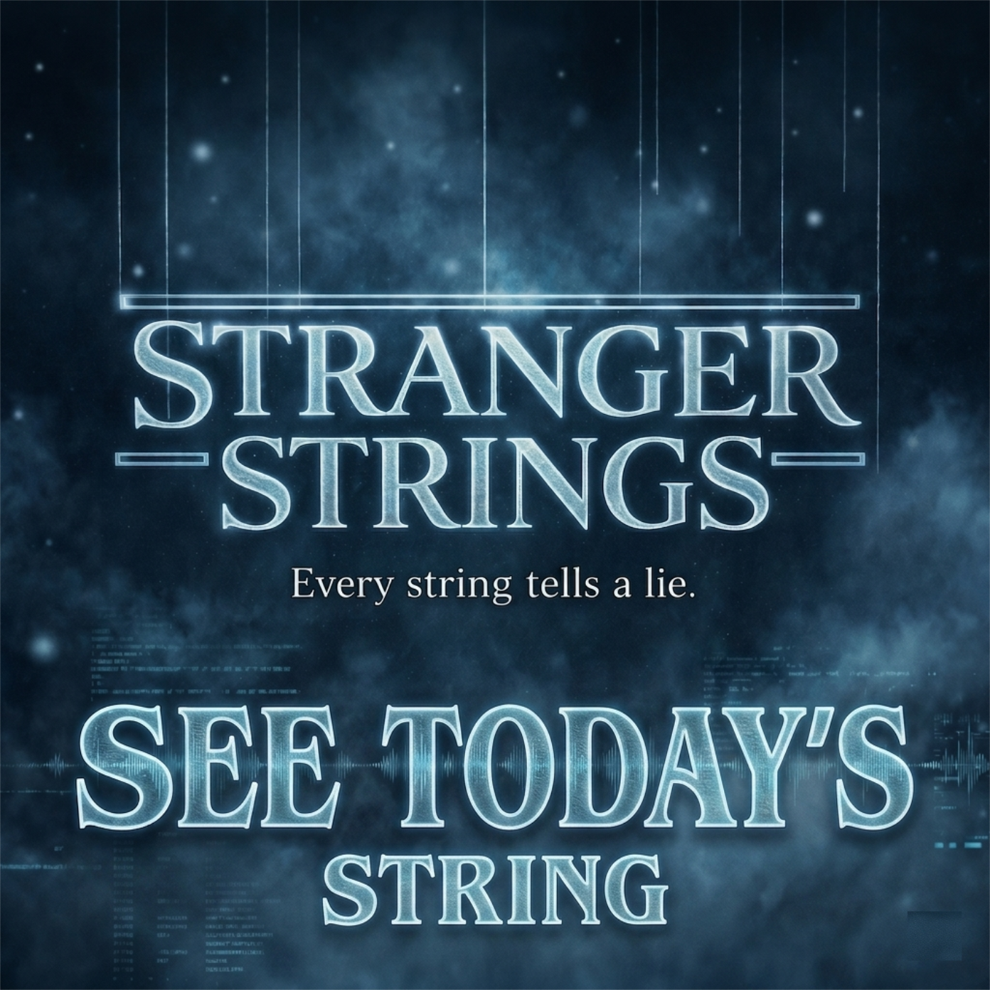 Promotional poster for the TV series 'Stranger Strings' featuring a space-themed background with faint stars and grid lines, the title in glowing white letters, and the tagline 'Every string tells a lie.'