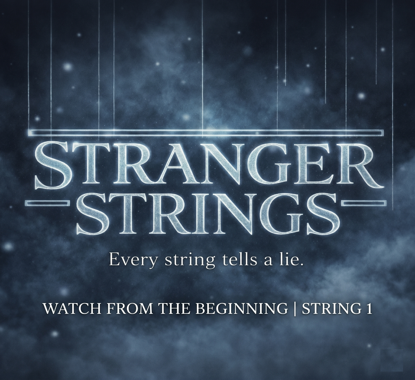 Poster for Stranger Strings with the tagline 'Every string tells a lie,' advertising to watch from the beginning, String 1.