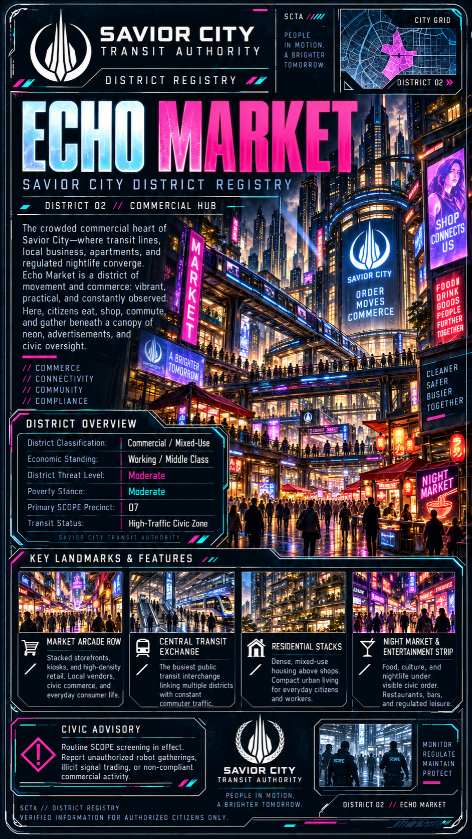 Futuristic city scene at night with neon lights, tall skyscrapers, and crowded streets. Promotional banners and signs for Echo Market and Savior City Transit Authority are visible, along with a detailed district overview and key landmarks including arcade, transit exchange, residential stacks, and night market.