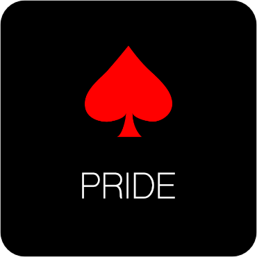 Black background with a red spade symbol and the word PRIDE below it.