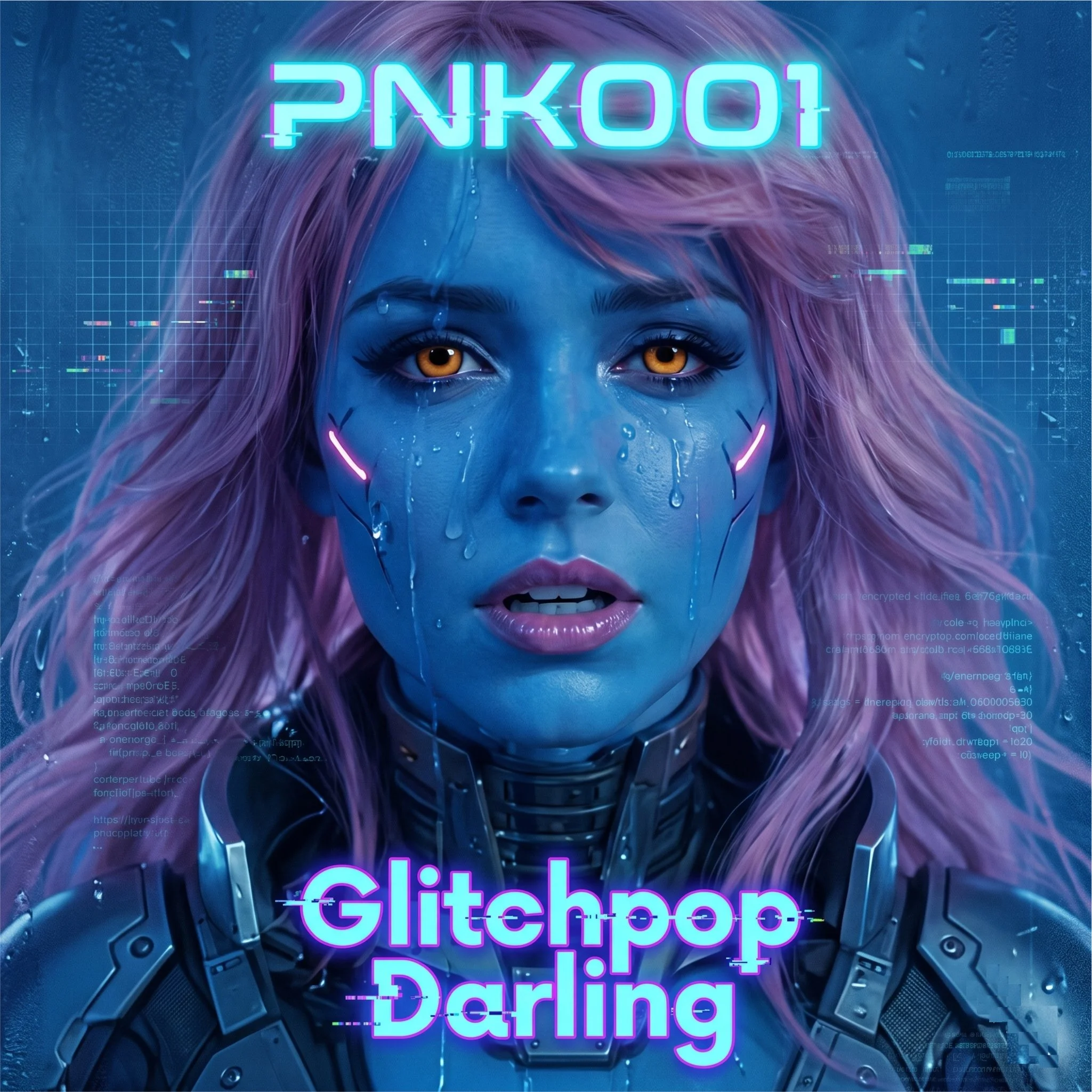 Close-up of a futuristic digital artwork featuring a woman's face with vivid purple hair, glowing orange eyes, and cybernetic enhancements. Overlaid are neon pink and blue pixelated texts reading 'PINKOOF', 'Glitchhop', and 'Daring', with a background of digital code and glitch effects.