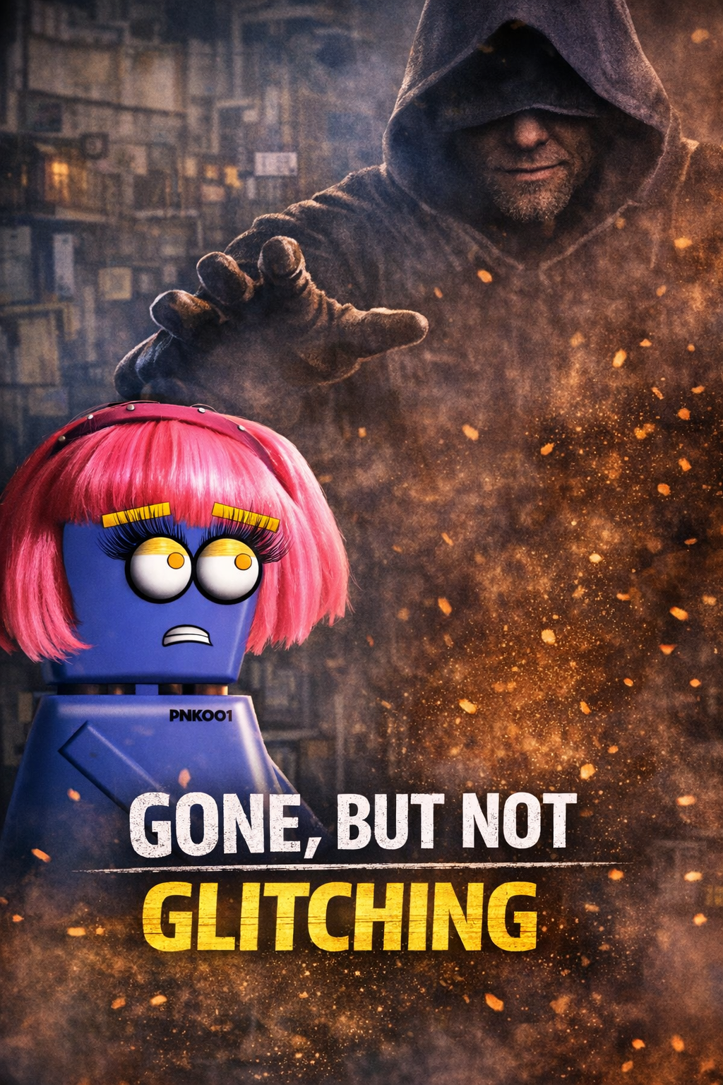 A stylized animated character with pink hair, wide eyes, and a worried expression stands in front of a dark, gritty background. Behind the character, a shadowy figure in a hoodie reaches out with a hand amid a cloud of glowing orange particles. The text overlay reads "GONE, BUT NOT GLITCHING" in bold white and yellow letters.
