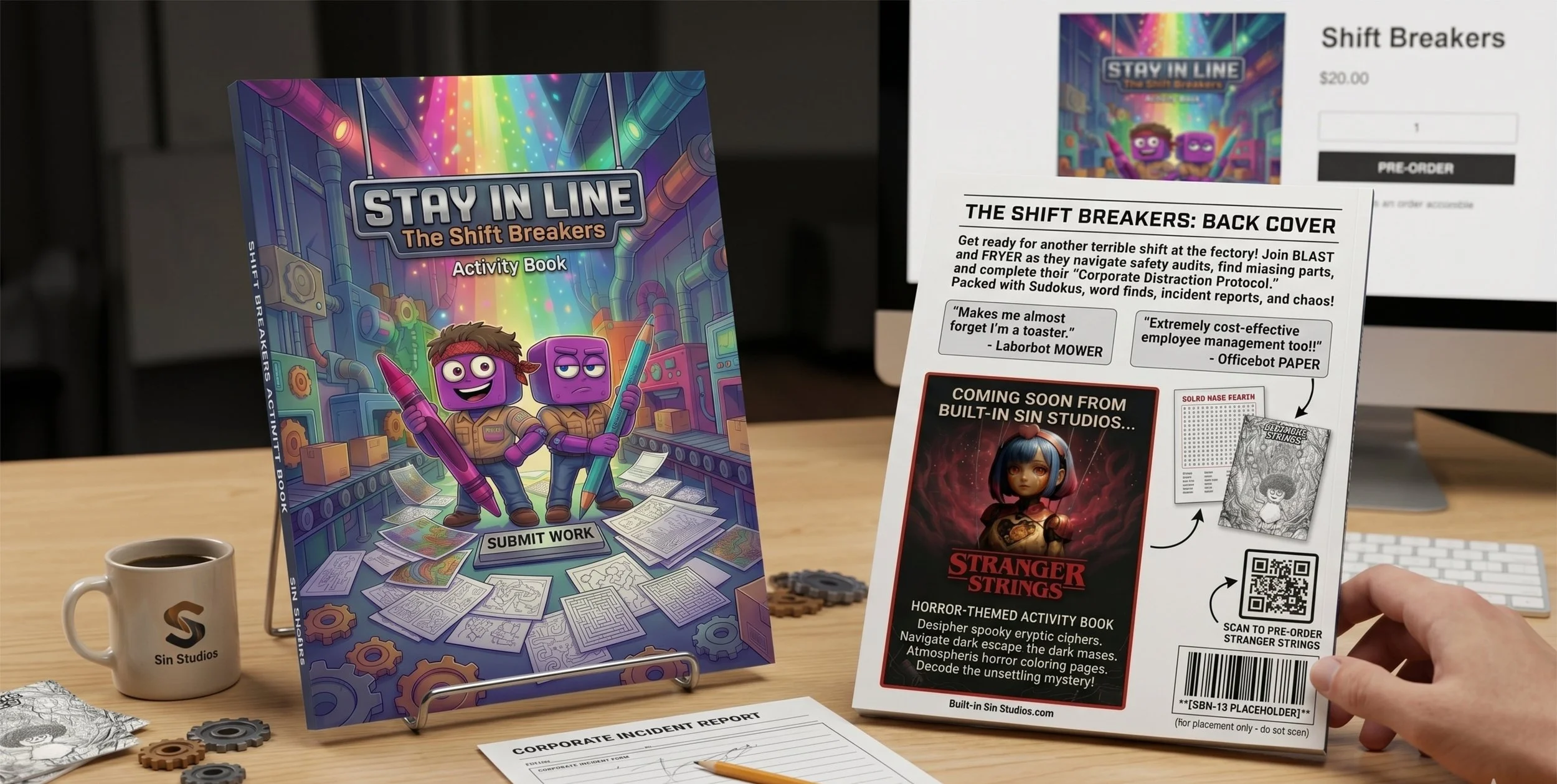 Display featuring the book 'Stay in Line: The Shift Breakers' on a desk with papers, game pieces, and a coffee mug. The activity book shows cartoon characters in a factory setting with colorful lights.