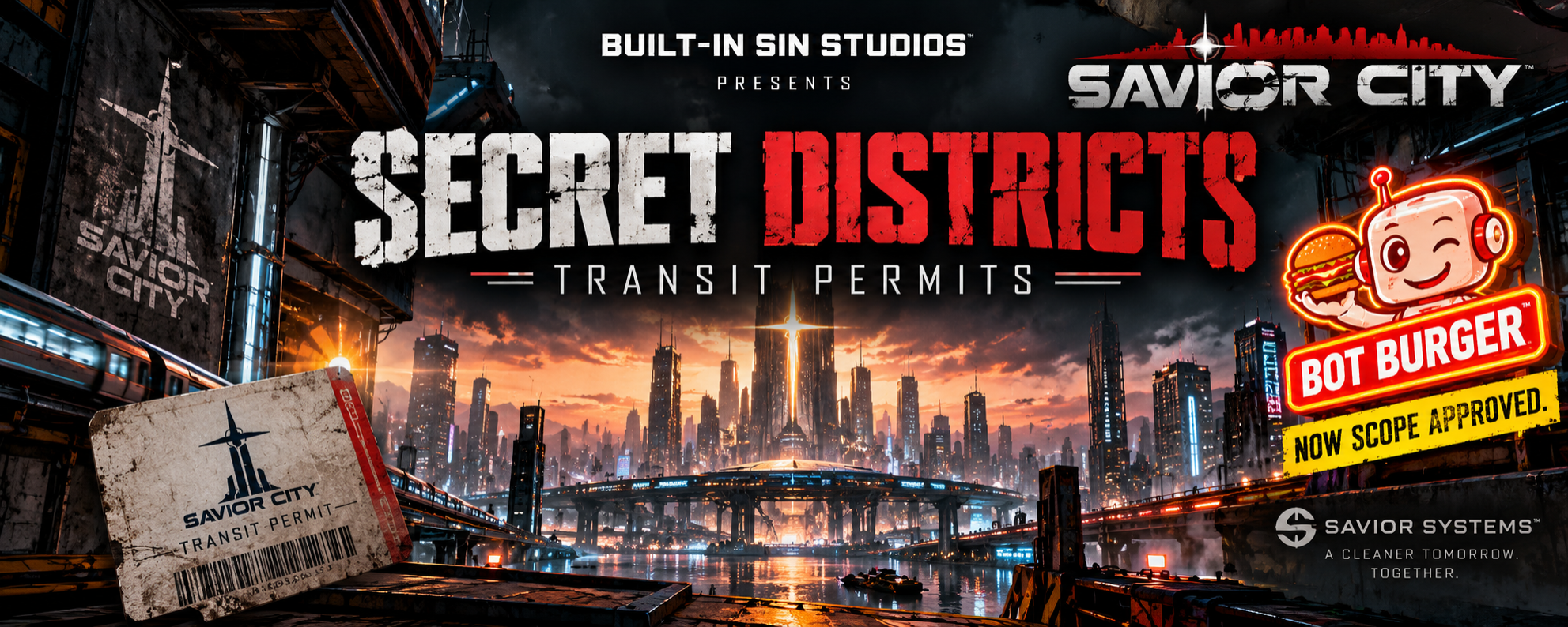 A futuristic cityscape with tall skyscrapers and a sunset background. Text reads 'Secret Districts Transit Permits' and 'Savior City'. A cartoon robot holding a burger with the label 'Bot Burger' and 'Now Scope Approved'. A worn transit permit ticket in the foreground.