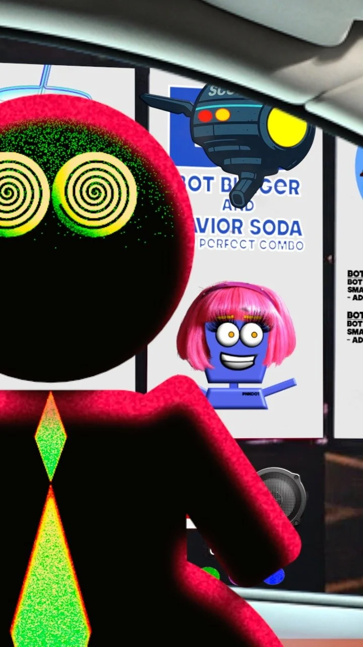The image features a digitally animated character with a colorful textured face, green spiral eyes, a pink shirt, and a multicolored diamond-shaped pendant. In the background, there is a sign with the text "Bot Burger and Behavior Soda" and cartoonish robot and character illustrations.