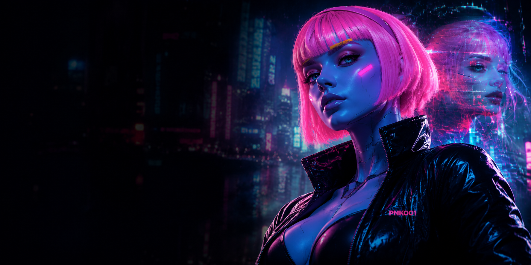 A stylish PNK001 is in a cityscape background, reflecting cyberpunk aesthetic.