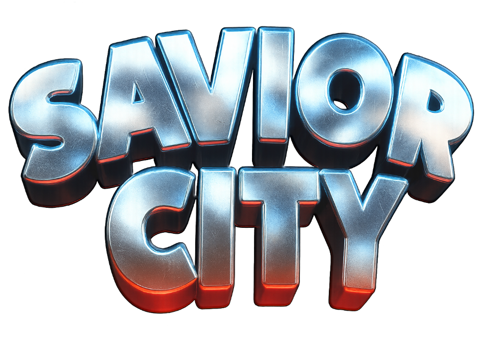 3D metallic text that reads "SAVIOR CITY" with a shiny, reflective surface and red outlines, set against a dark background with colorful neon accents.