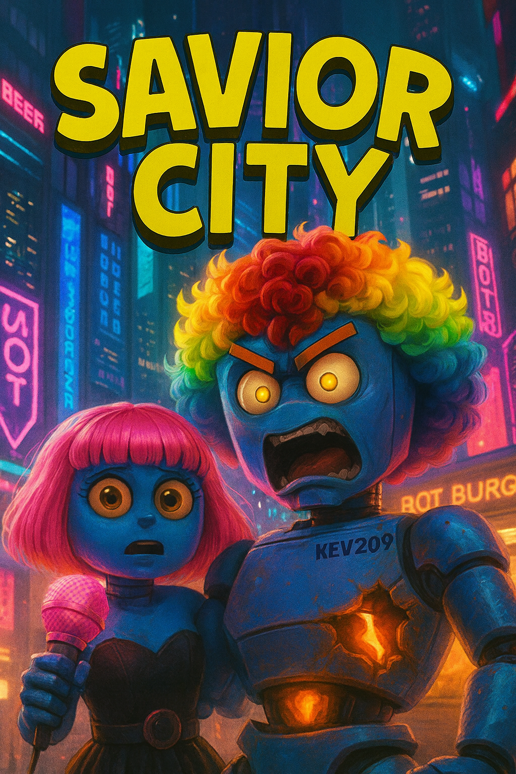 Animated image of two colorful, robot-like characters with large eyes in a vibrant cityscape. The character in the foreground has rainbow-colored hair and an angry expression, while the character in the background has pink hair and a surprised look. The text 'Savior City' appears at the top.