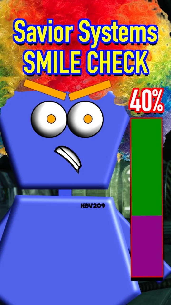 A cartoon blue trash bin with angry eyebrows, wide eyes, and a crooked mouth, with colorful rainbow hair. The text reads "Savior Systems SMILE CHECK" in yellow and blue, and a red and white 40% score on the right. The name "kev209" appears at the bottom.