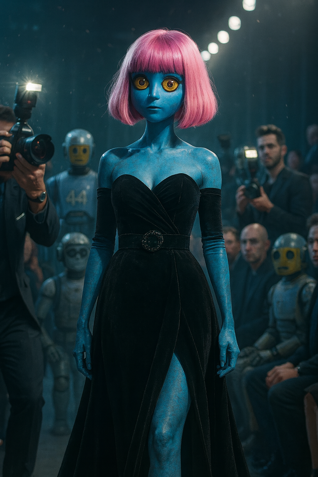 A blue-skinned humanoid alien with large yellow eyes and pink hair, wearing a strapless black dress with a slit, standing in front of a crowd of robots and humans at a fashion show or event.