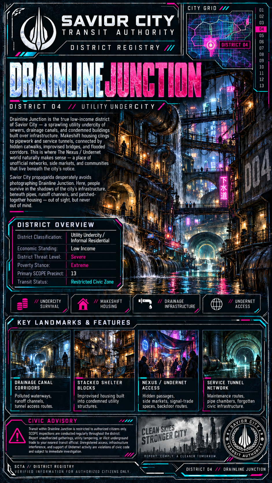 Futuristic cityscape with neon lights, multiple walkways, and large pipes, depicting Drainline Junction in Savior City.