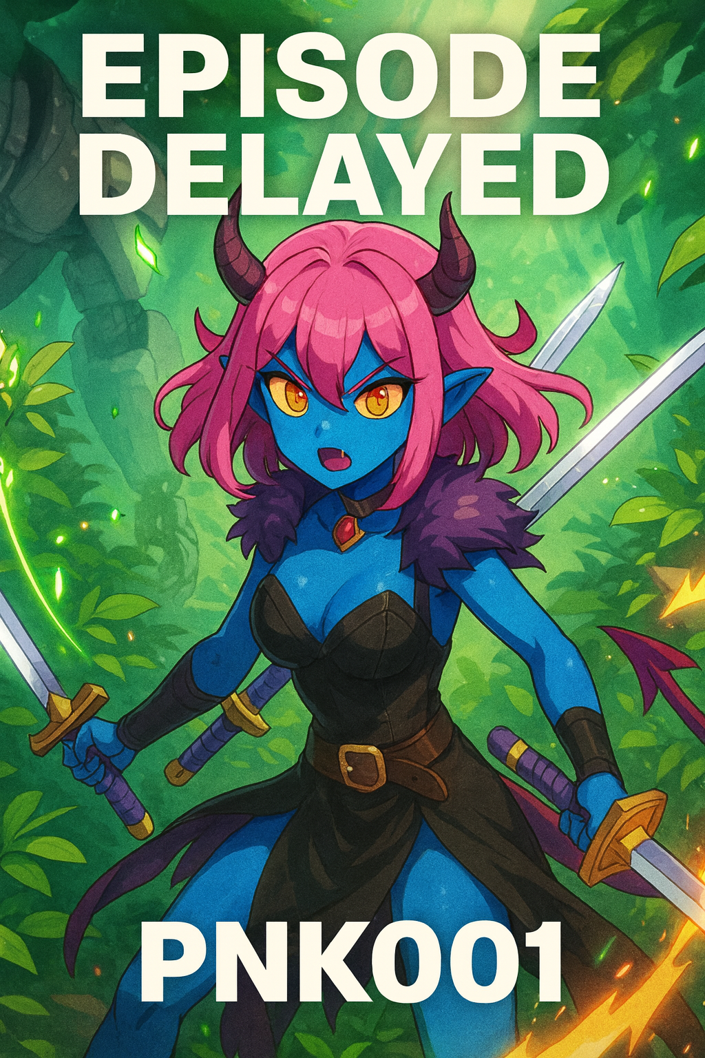 A cartoon illustration of a blue-skinned female demon with pink hair, yellow eyes, and black horns, holding two swords in a green jungle setting with glowing accents. The text 'EPISODE DELAYED PNK001' is displayed at the top and bottom of the image.