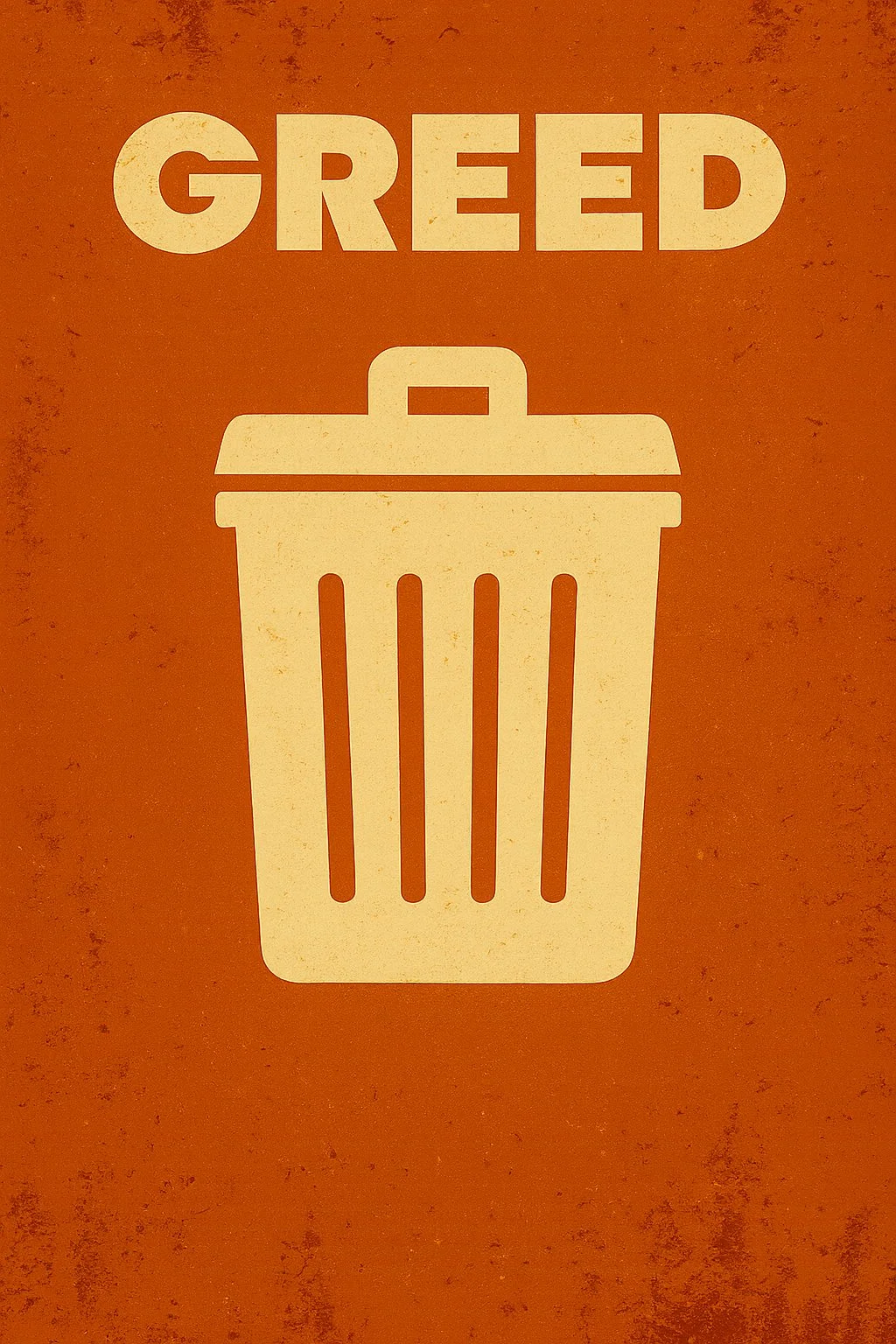 Sign with the word 'GREED' and a white trash can icon on an orange background.