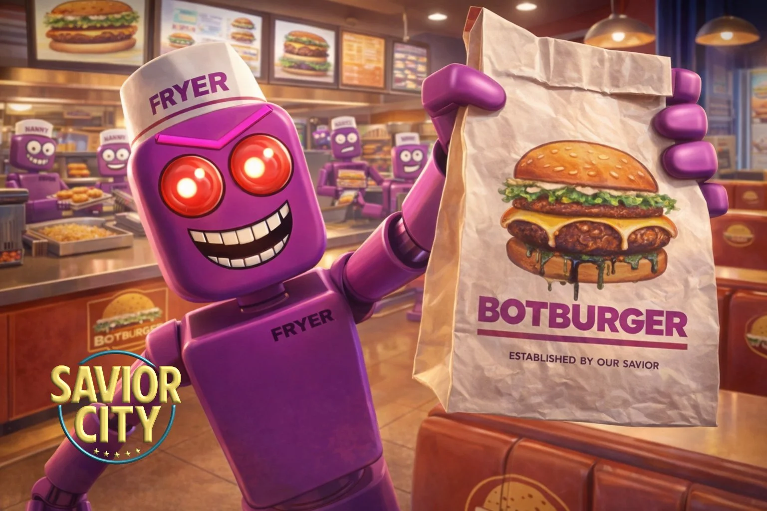 A purple cartoon robot with glowing red eyes and a wide grin holding a paper bag with a burger illustration at a fast-food restaurant counter. The bag is labeled 'BOTBURGER' with a slogan underneath. The background shows menu boards and other purple robots. The image has a logo for 'Savior City' in the bottom left corner.