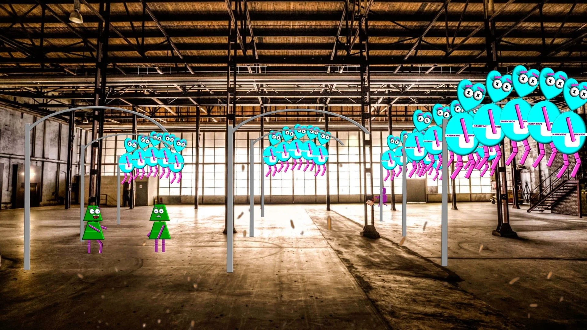 Digital illustration of an industrial warehouse with cartoonish robotic characters hanging from overhead metal structures. The robots are blue with pink limbs, with many grouped on the right side, and two green characters with purple limbs standing on the ground in the foreground. The robots have written text 'NANNYBOT' on them.