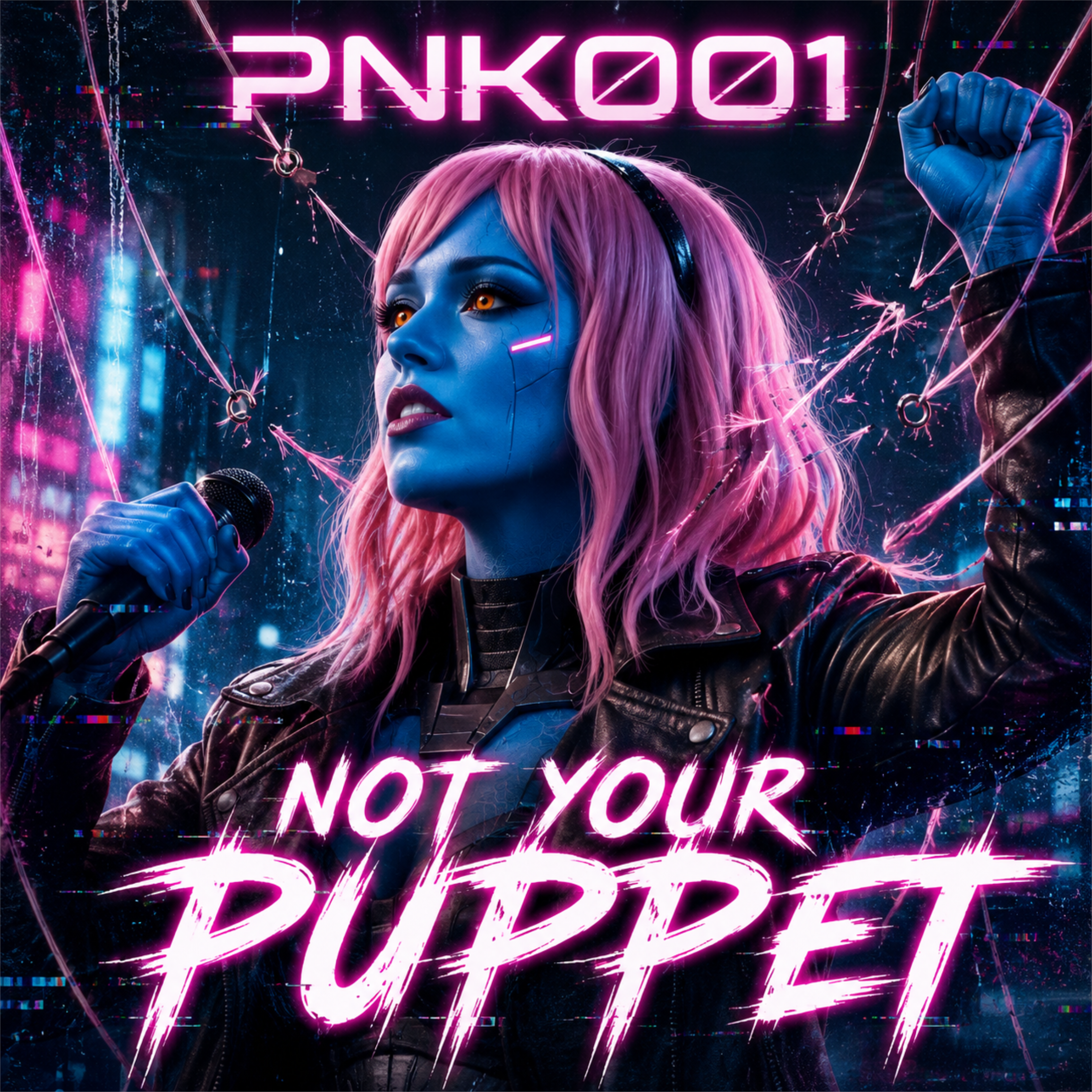 A person with blue skin, pink hair, and orange eyes performing on stage, holding a microphone, with broken glass and neon pink signs that read 'PINKOO1' and 'NOT YOUR' in the background, illuminated by vibrant, cyberpunk-style lighting.