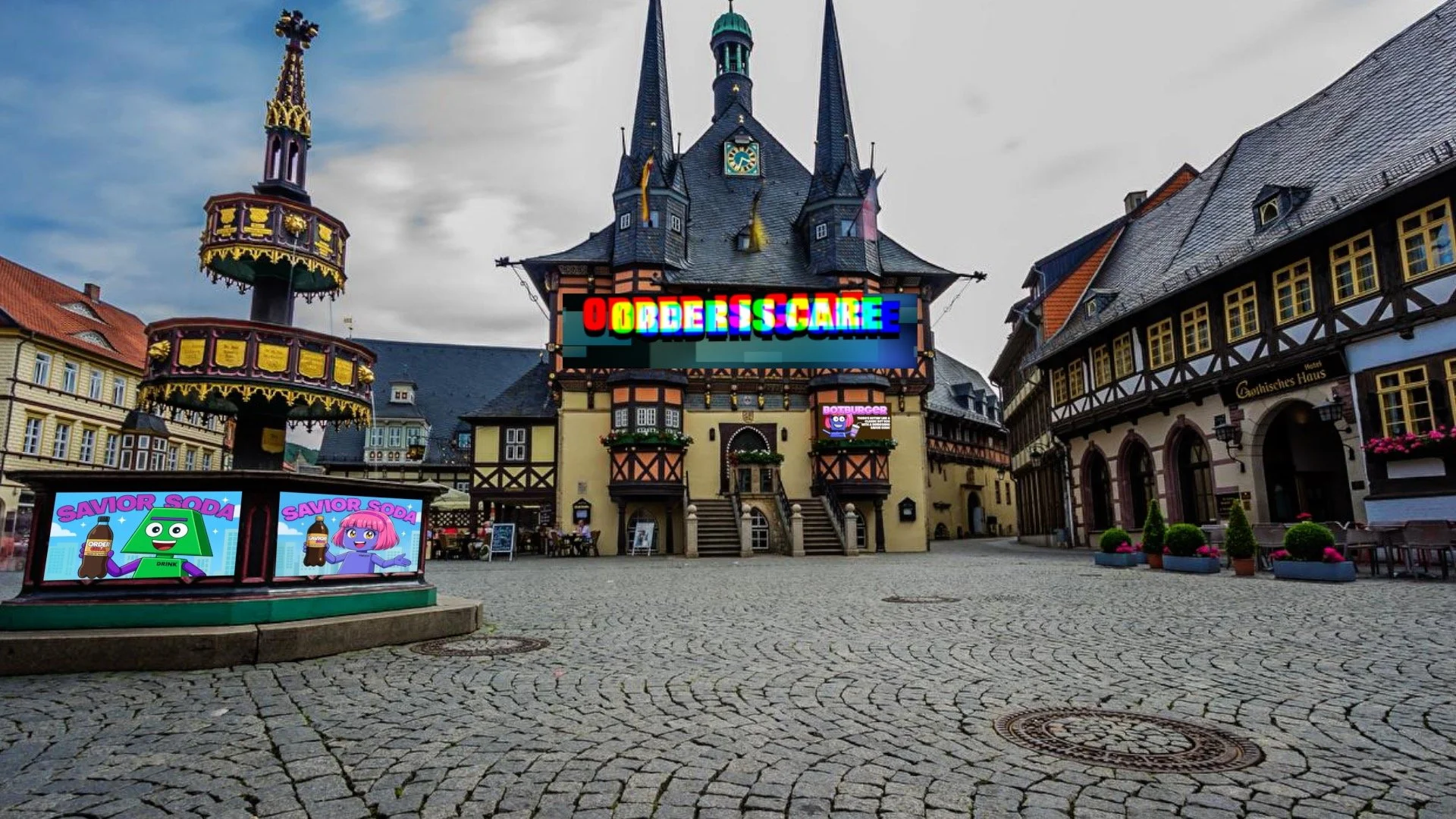 Empty cobblestone square in front of a historic building with colorful digital signs, one reading 'ORDERISGARE' and others showing cartoon characters, with a cloudy sky overhead