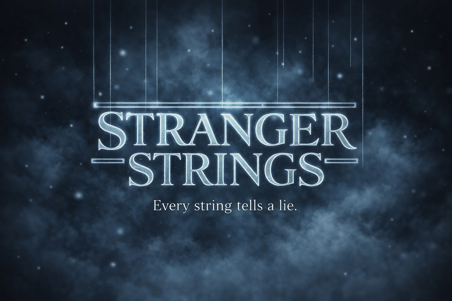 Title screen of Stranger Strings with the tagline "Every string tells a lie" set against a starry cosmic background.