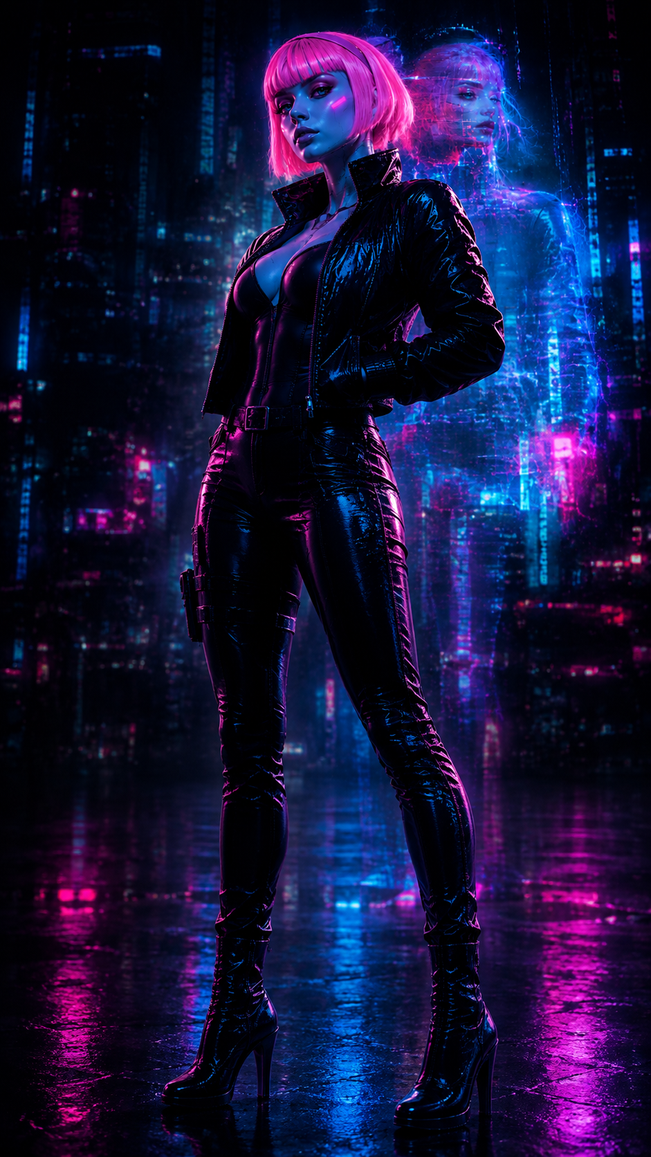 Ready for a new adventure, PNK001 is in a futuristic neon-lit cityscape, wearing a black leather outfit and standing confidently with a holographic reflection of herself behind her.